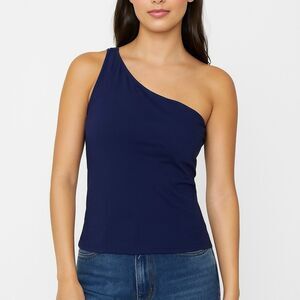 Lands’ End One-Shoulder Navy Blue Stretch Tank Top With Shelf Bra Small New